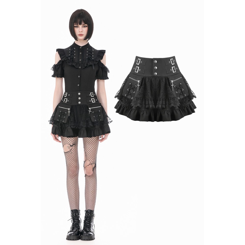 Dark in Love - Sin Forbidden Dark Punk Lace Patchwork MultiPocket Ruffle Mini skirt - Black